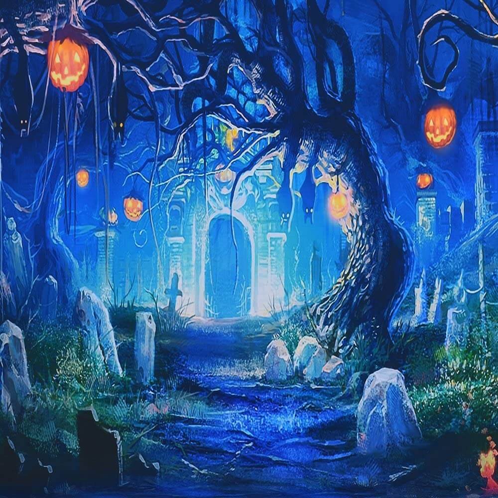 Tapiz de pared para Halloween inspirado en cuentos de bosques encantados que asustan.